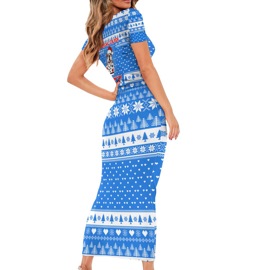 Christmas Stalker Bulldog Family Matching Short Sleeve Bodycon Dress and Hawaiian Shirt Xmas Holiday Patterns - Wonder Print Shop