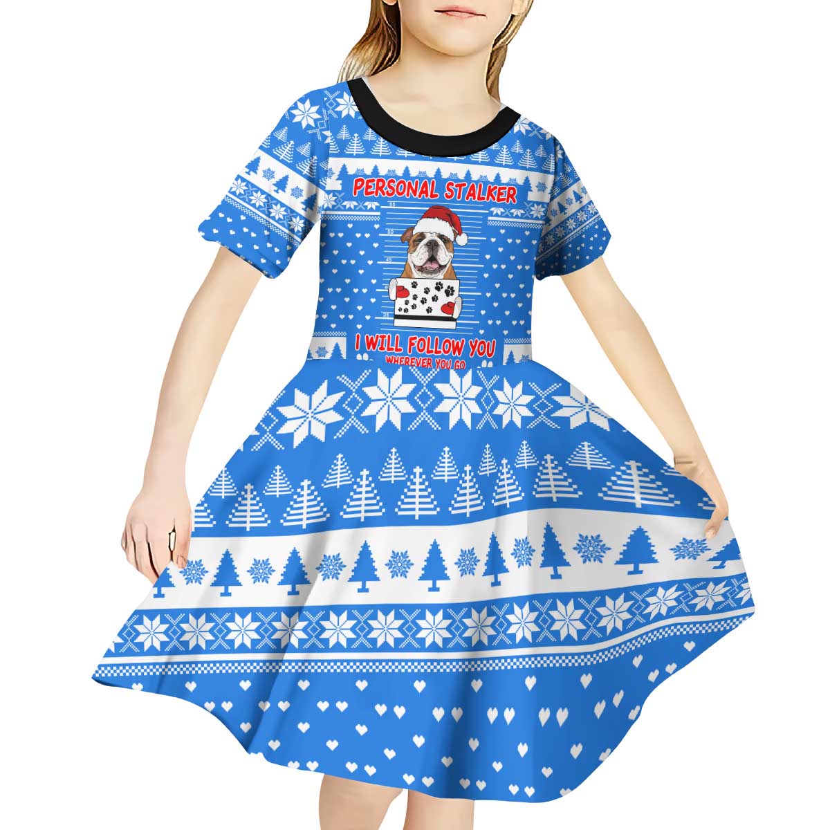 Christmas Stalker Bulldog Kid Short Sleeve Dress Xmas Holiday Patterns - Wonder Print Shop