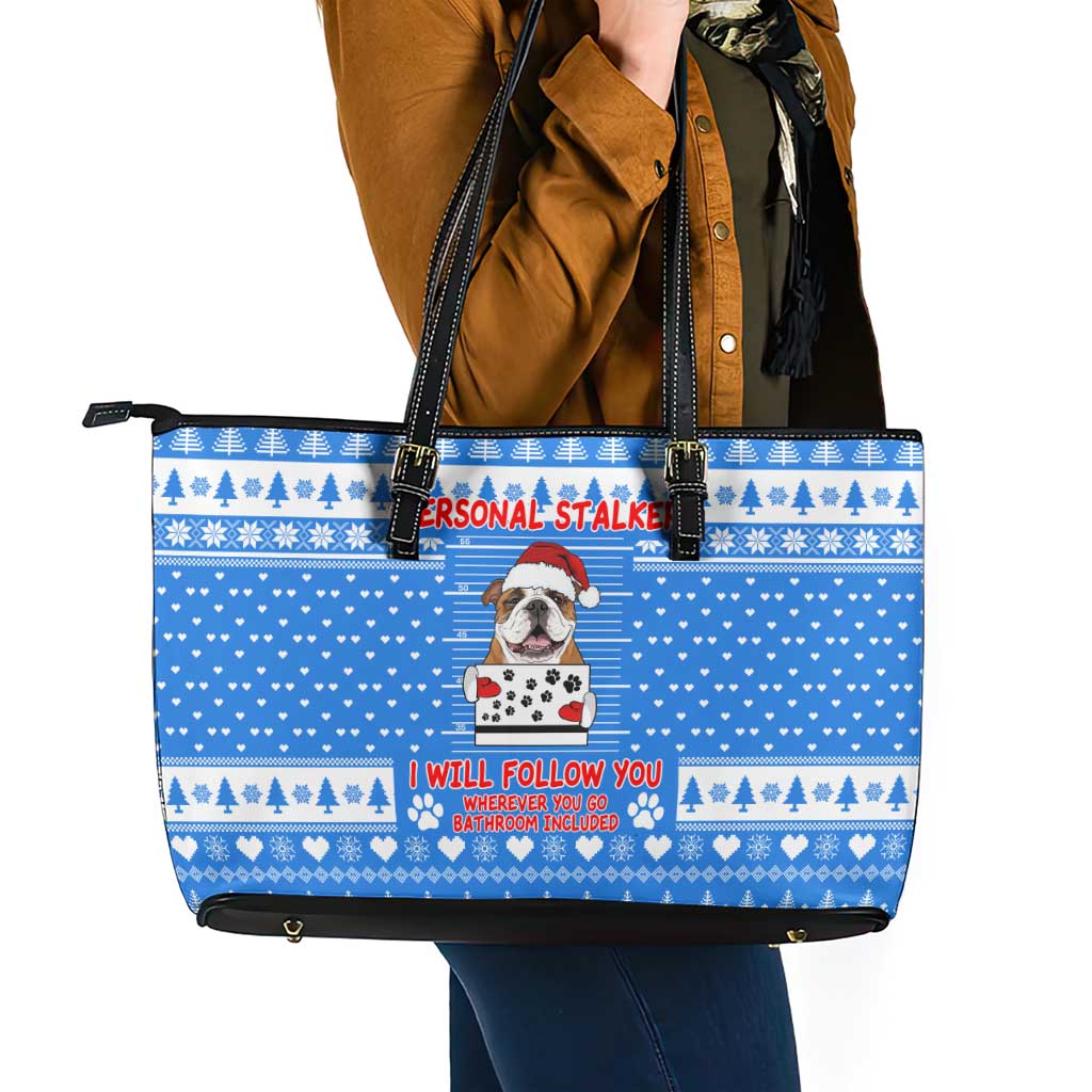 Christmas Stalker Bulldog Leather Tote Bag Xmas Holiday Patterns - Wonder Print Shop