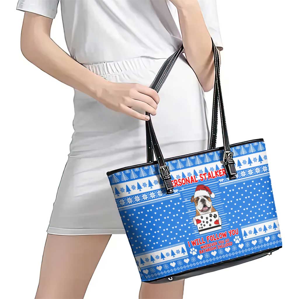 Christmas Stalker Bulldog Leather Tote Bag Xmas Holiday Patterns - Wonder Print Shop