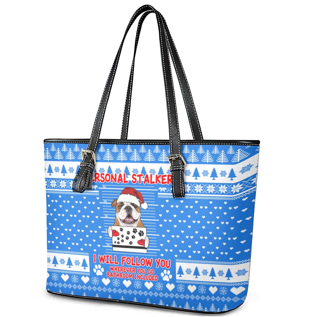 Christmas Stalker Bulldog Leather Tote Bag Xmas Holiday Patterns - Wonder Print Shop