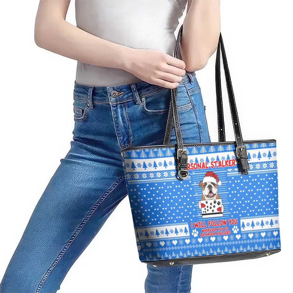 Christmas Stalker Bulldog Leather Tote Bag Xmas Holiday Patterns - Wonder Print Shop