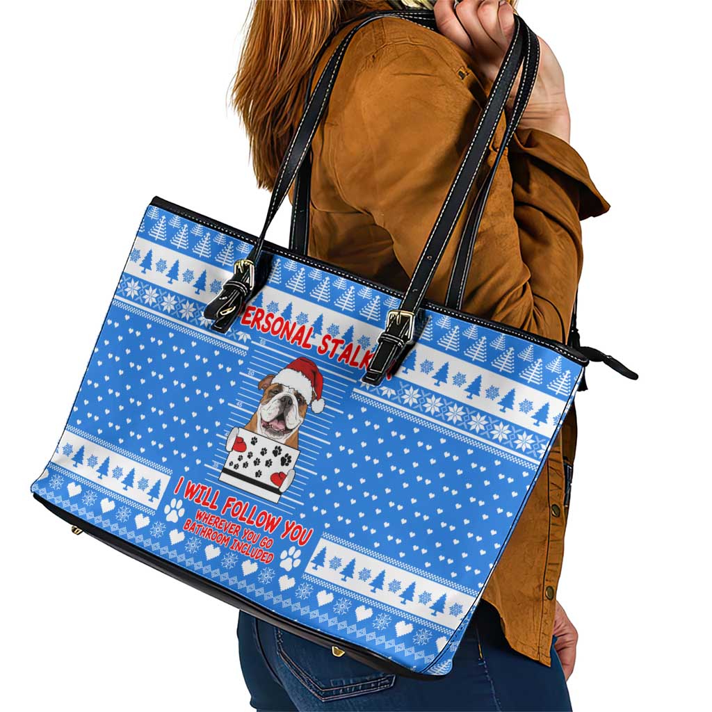 Christmas Stalker Bulldog Leather Tote Bag Xmas Holiday Patterns - Wonder Print Shop