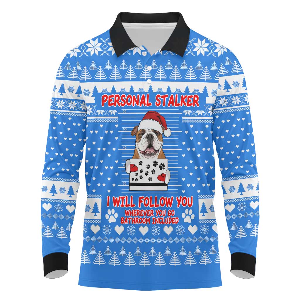 Christmas Stalker Bulldog Long Sleeve Polo Shirt Xmas Holiday Patterns - Wonder Print Shop