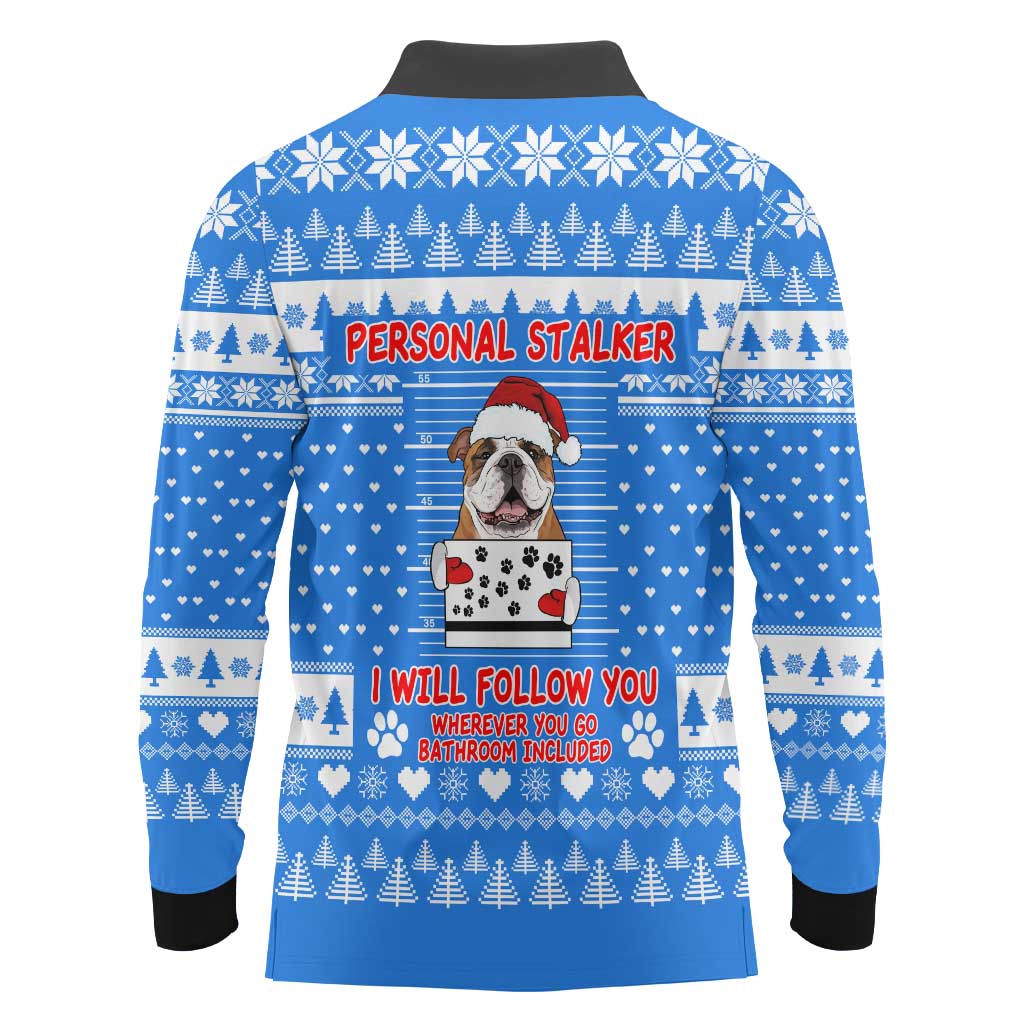 Christmas Stalker Bulldog Long Sleeve Polo Shirt Xmas Holiday Patterns - Wonder Print Shop