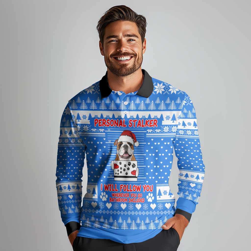 Christmas Stalker Bulldog Long Sleeve Polo Shirt Xmas Holiday Patterns - Wonder Print Shop