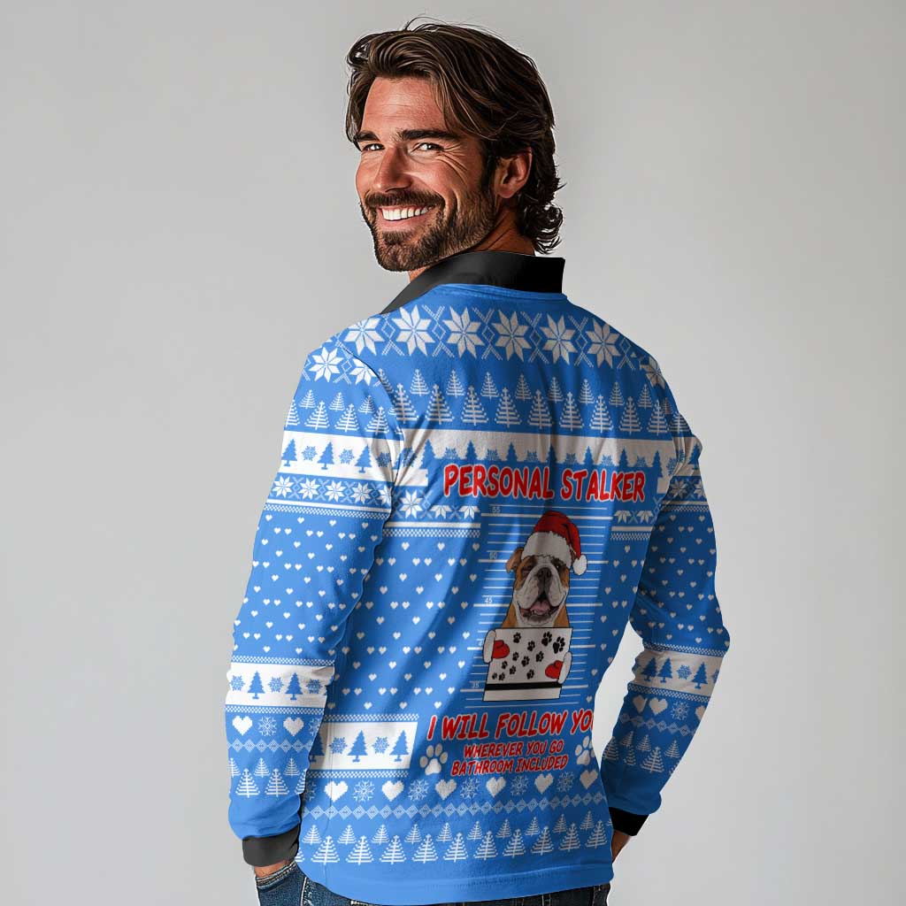 Christmas Stalker Bulldog Long Sleeve Polo Shirt Xmas Holiday Patterns - Wonder Print Shop