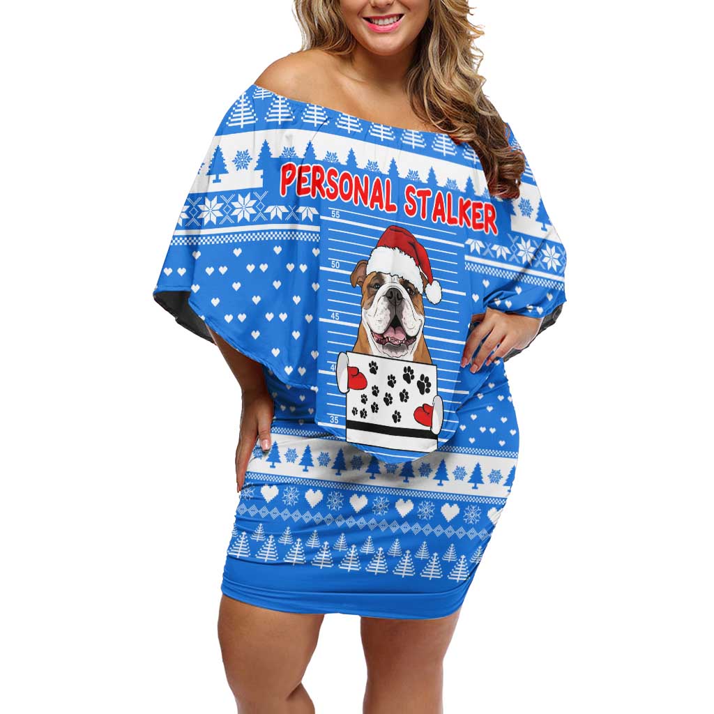 Christmas Stalker Bulldog Off Shoulder Short Dress Xmas Holiday Patterns - Wonder Print Shop