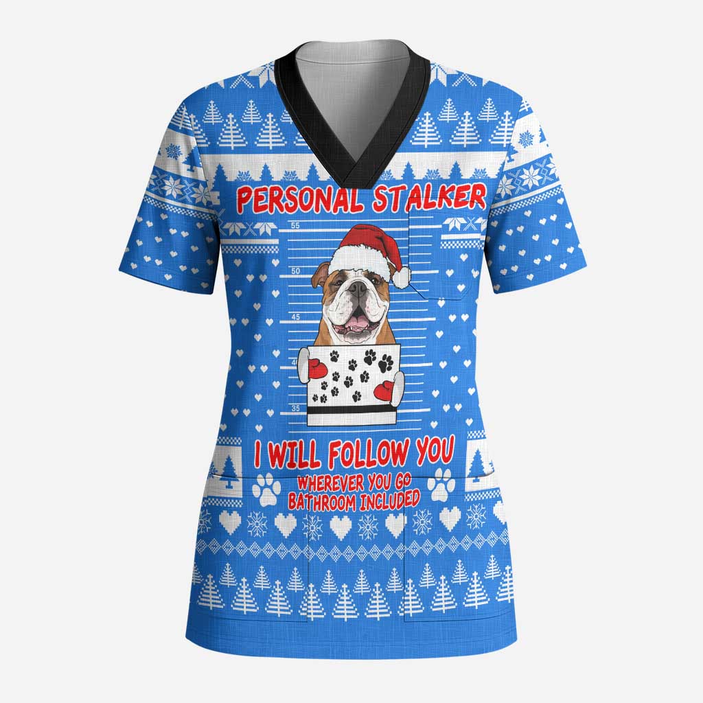 Christmas Stalker Bulldog Scrub Top Xmas Holiday Patterns - Wonder Print Shop
