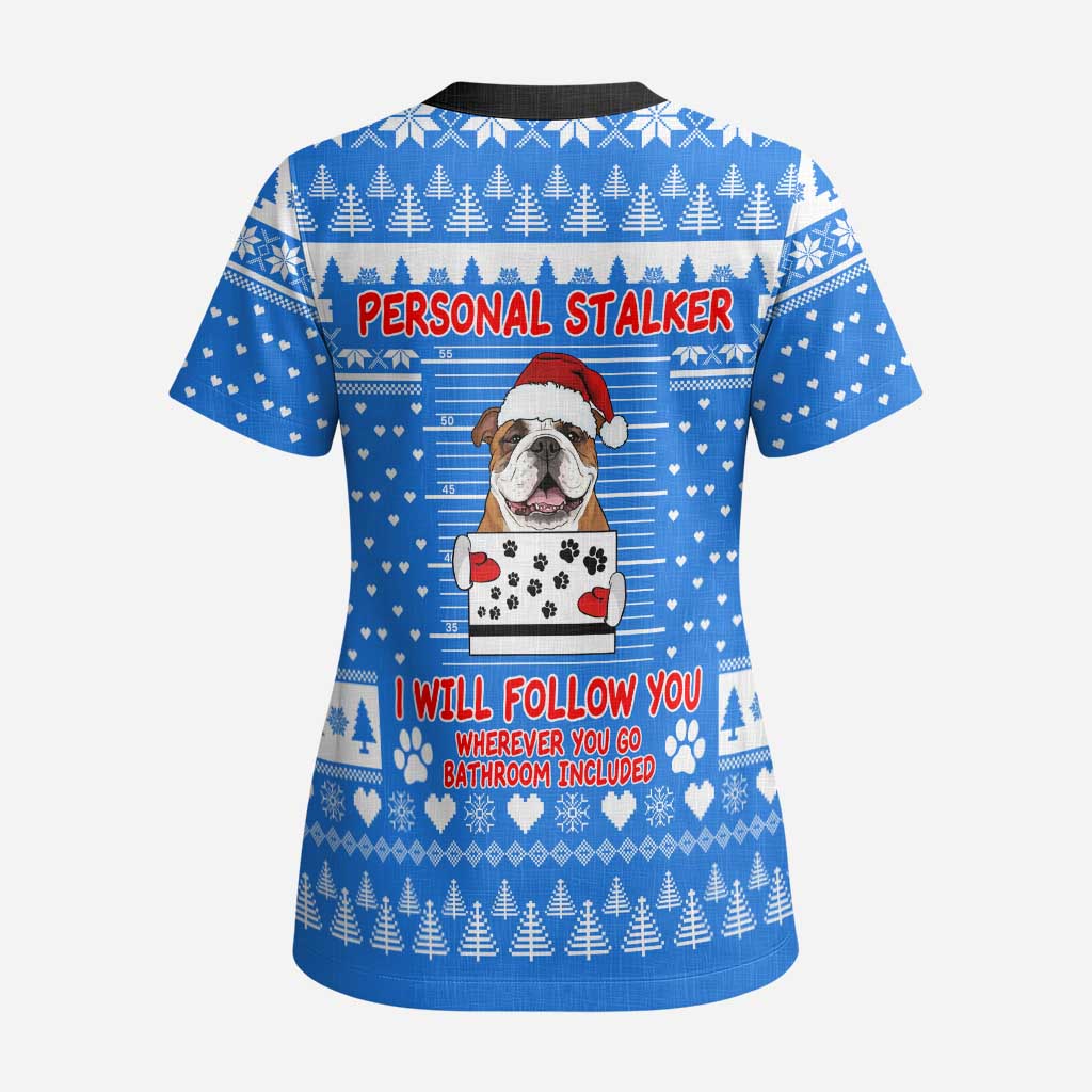 Christmas Stalker Bulldog Scrub Top Xmas Holiday Patterns - Wonder Print Shop