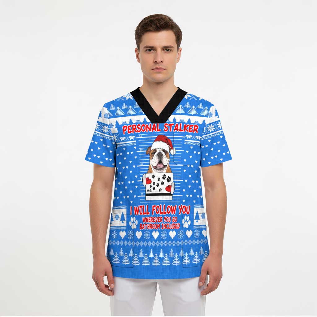 Christmas Stalker Bulldog Scrub Top Xmas Holiday Patterns - Wonder Print Shop