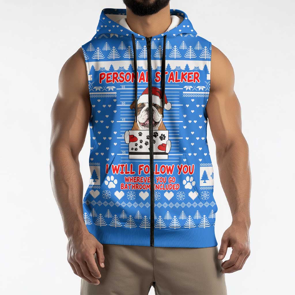 Christmas Stalker Bulldog Sleeveless Zip Hoodie Xmas Holiday Patterns - Wonder Print Shop