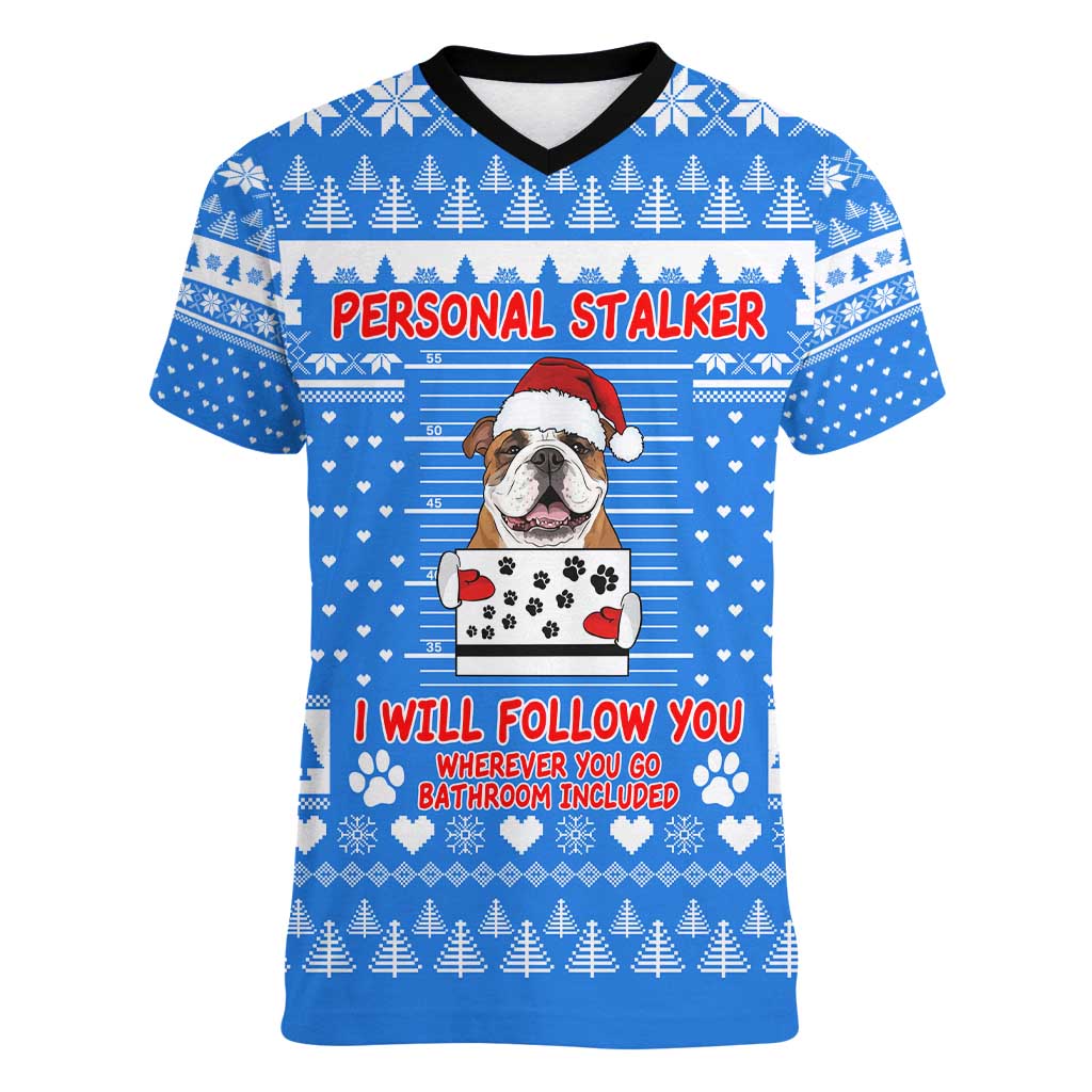 Christmas Stalker Bulldog Women V-Neck T-Shirt Xmas Holiday Patterns - Wonder Print Shop