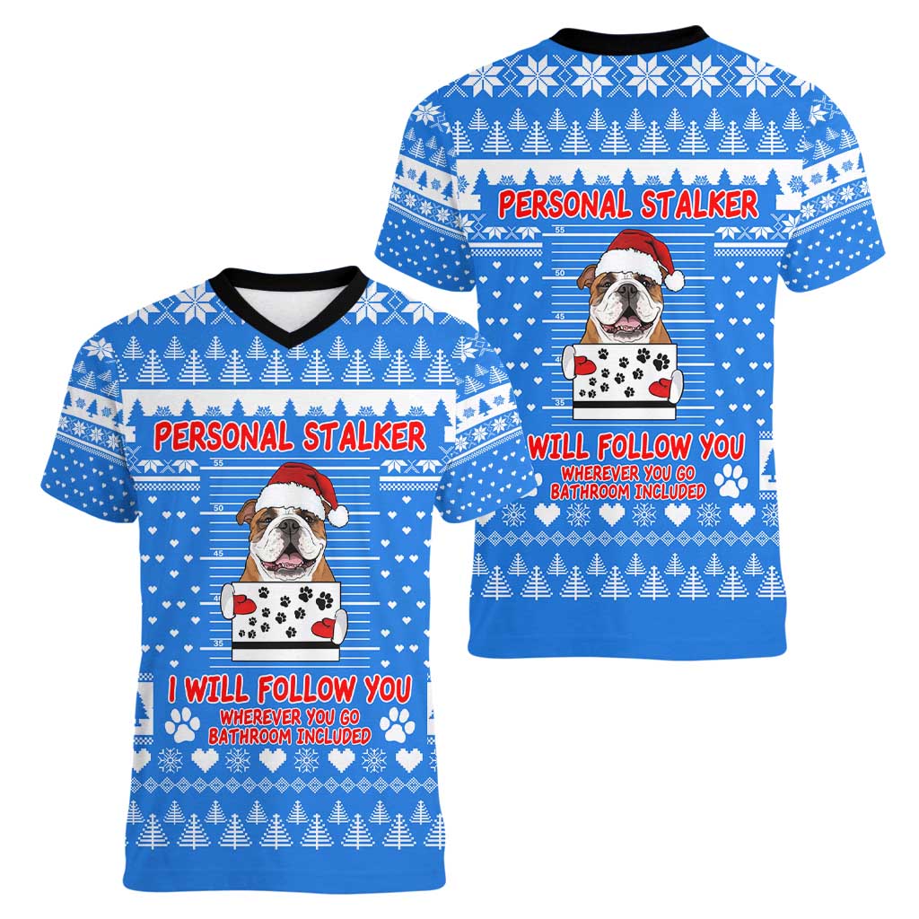 Christmas Stalker Bulldog Women V-Neck T-Shirt Xmas Holiday Patterns - Wonder Print Shop