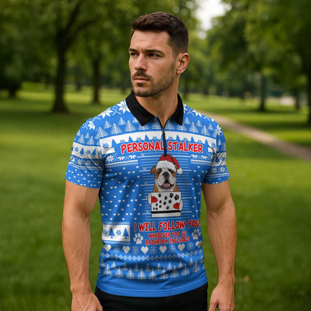 Christmas Stalker Bulldog Zipper Polo Shirt Xmas Holiday Patterns - Wonder Print Shop