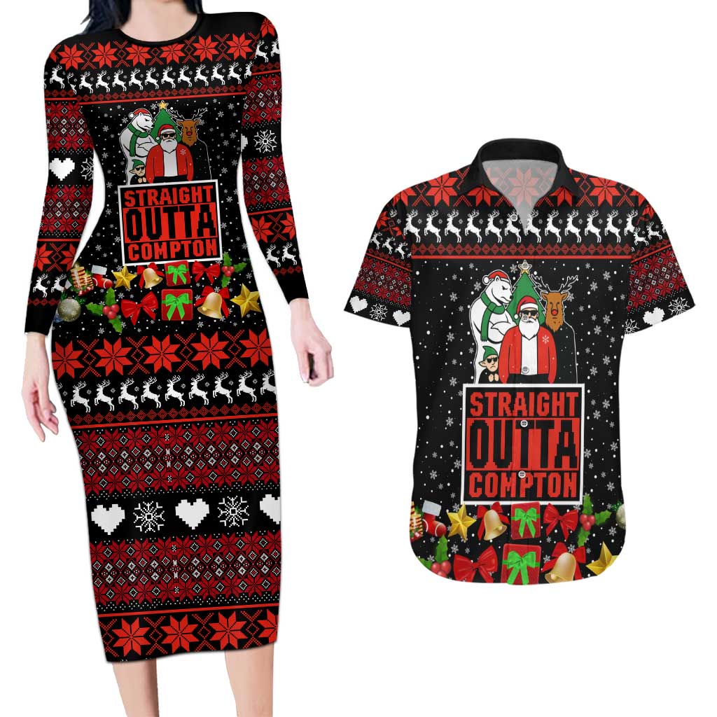 Christmas Straight Outta Gangsta Claus Couples Matching Long Sleeve Bodycon Dress and Hawaiian Shirt Xmas Holiday Patterns - Wonder Print Shop