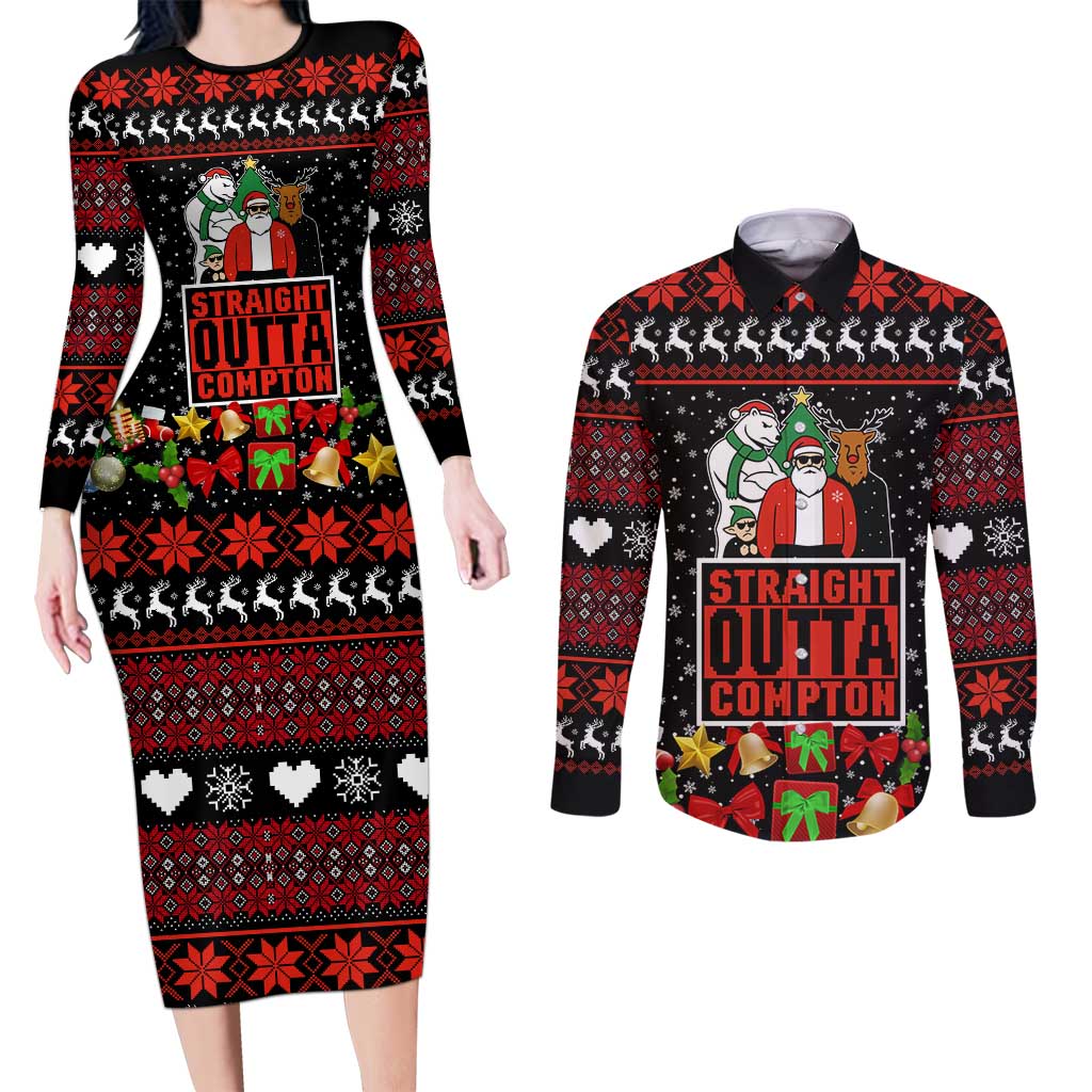 Christmas Straight Outta Gangsta Claus Couples Matching Long Sleeve Bodycon Dress and Long Sleeve Button Shirt Xmas Holiday Patterns - Wonder Print Shop