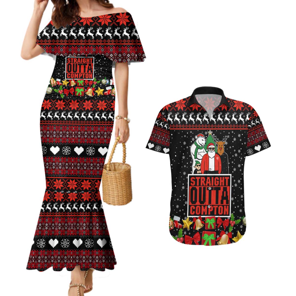 Christmas Straight Outta Gangsta Claus Couples Matching Mermaid Dress and Hawaiian Shirt Xmas Holiday Patterns - Wonder Print Shop