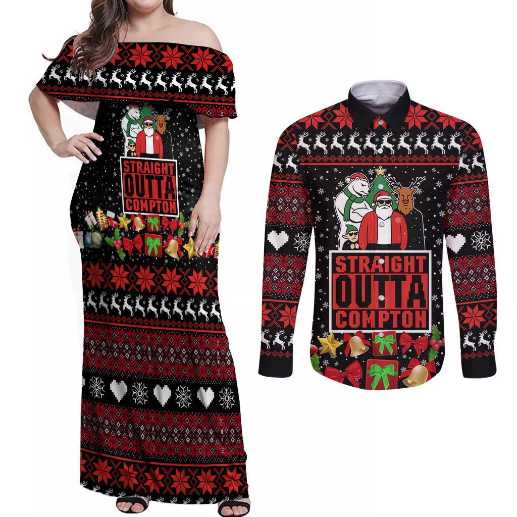 Christmas Straight Outta Gangsta Claus Couples Matching Off Shoulder Maxi Dress and Long Sleeve Button Shirt Xmas Holiday Patterns - Wonder Print Shop