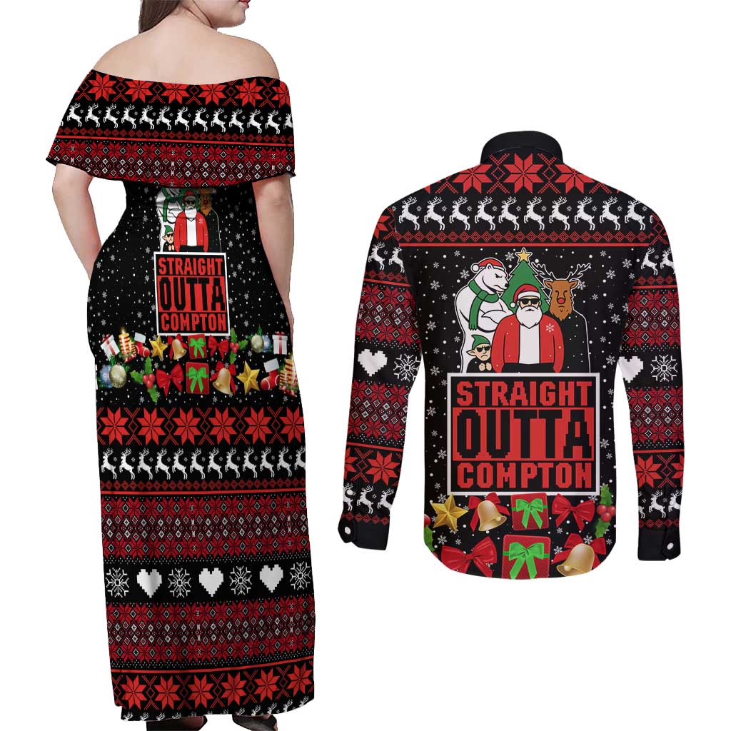 Christmas Straight Outta Gangsta Claus Couples Matching Off Shoulder Maxi Dress and Long Sleeve Button Shirt Xmas Holiday Patterns - Wonder Print Shop
