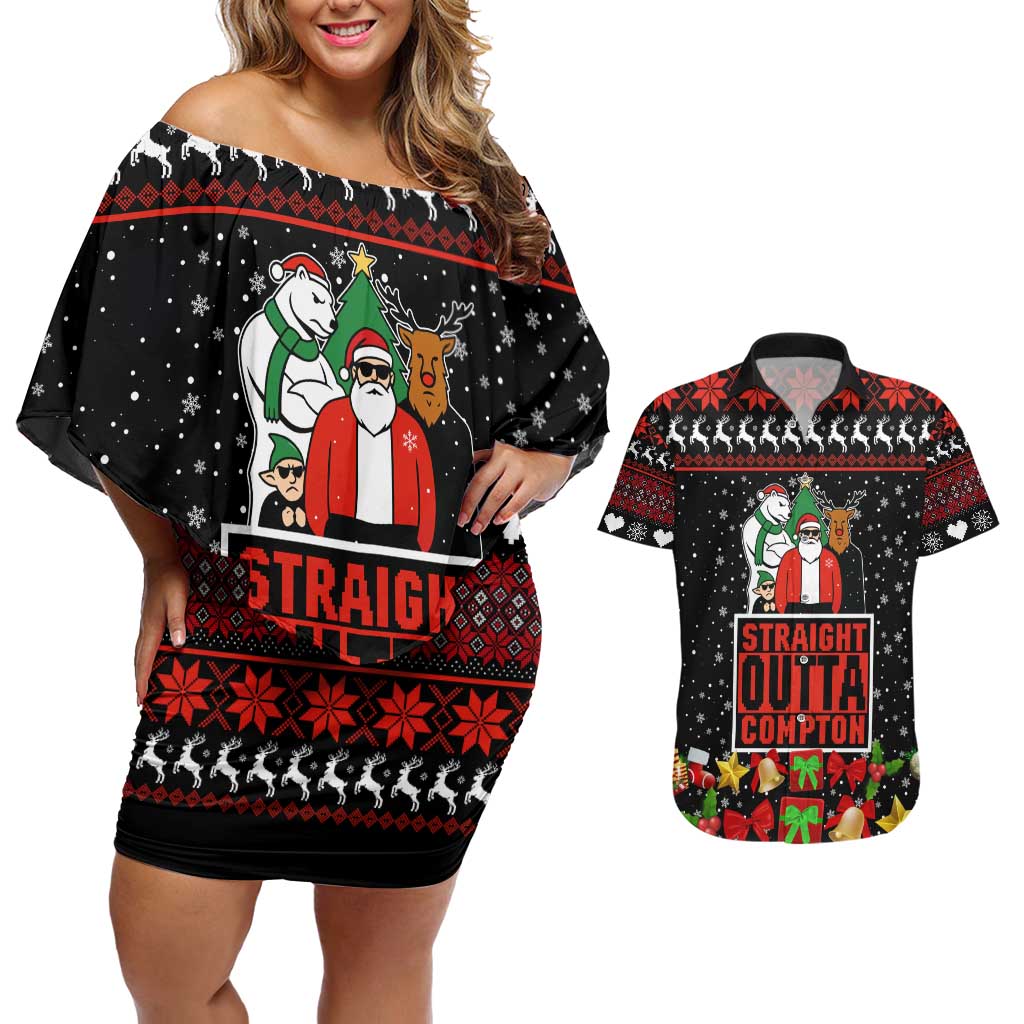 Christmas Straight Outta Gangsta Claus Couples Matching Off Shoulder Short Dress and Hawaiian Shirt Xmas Holiday Patterns - Wonder Print Shop