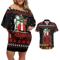 Christmas Straight Outta Gangsta Claus Couples Matching Off Shoulder Short Dress and Hawaiian Shirt Xmas Holiday Patterns - Wonder Print Shop