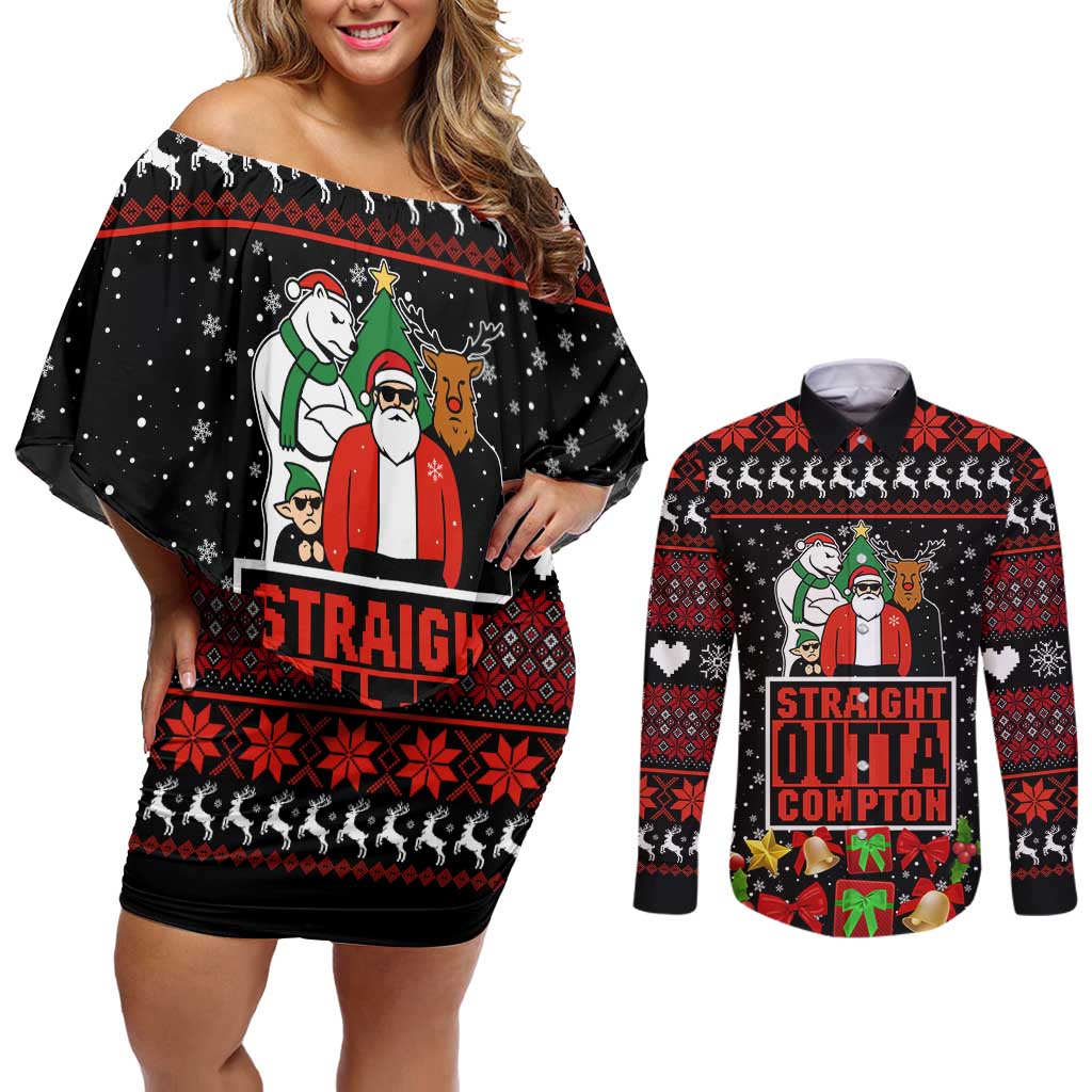 Christmas Straight Outta Gangsta Claus Couples Matching Off Shoulder Short Dress and Long Sleeve Button Shirt Xmas Holiday Patterns - Wonder Print Shop