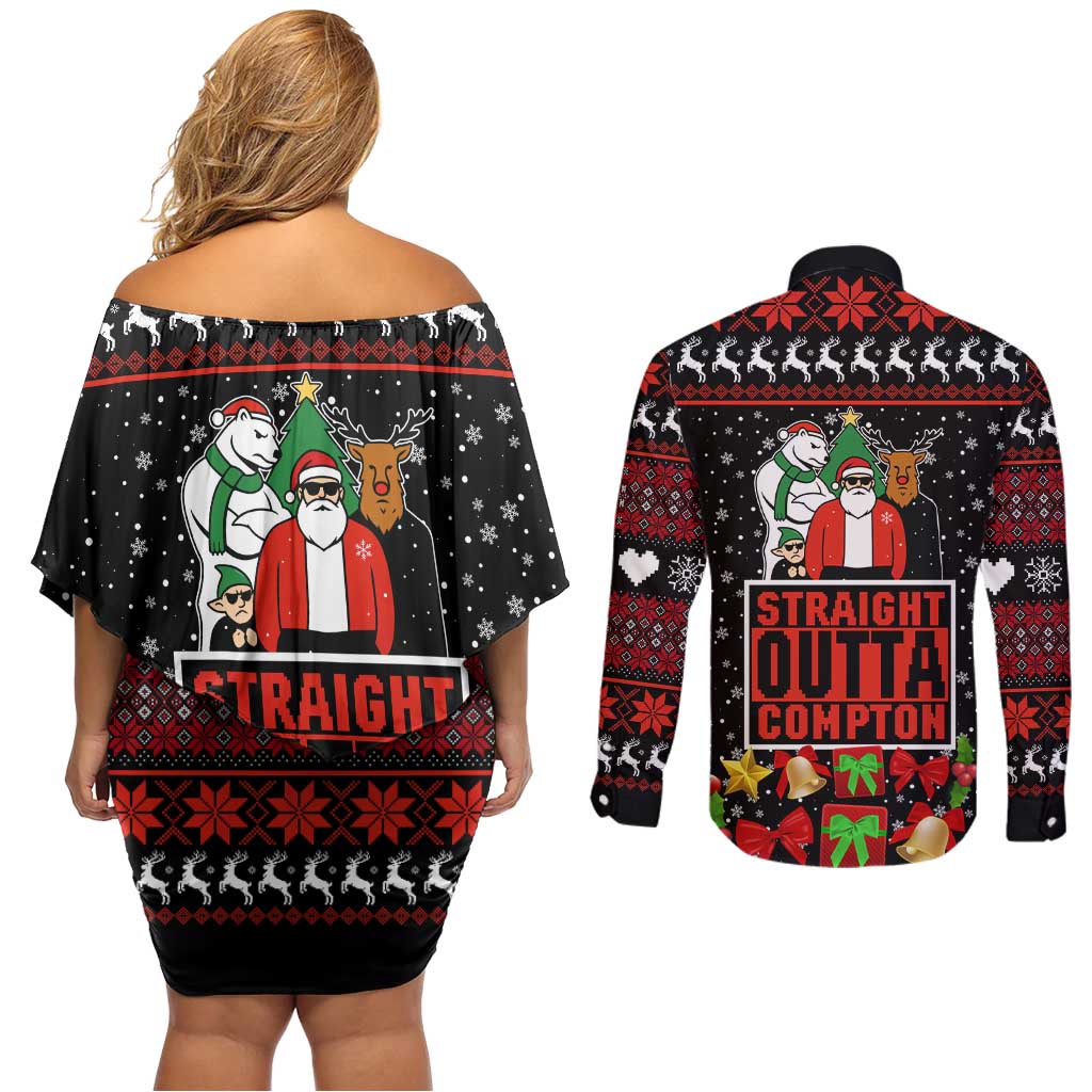Christmas Straight Outta Gangsta Claus Couples Matching Off Shoulder Short Dress and Long Sleeve Button Shirt Xmas Holiday Patterns - Wonder Print Shop