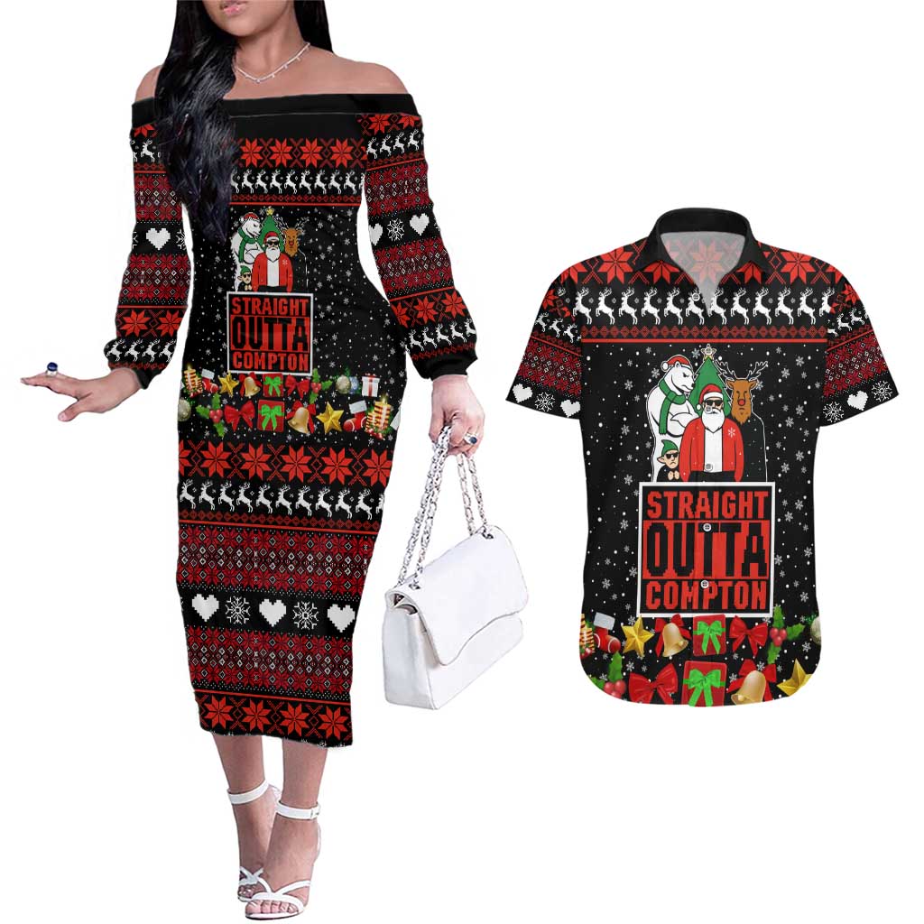 Christmas Straight Outta Gangsta Claus Couples Matching Off The Shoulder Long Sleeve Dress and Hawaiian Shirt Xmas Holiday Patterns - undefined