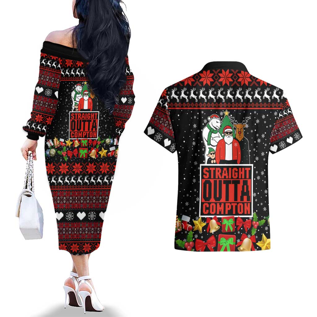 Christmas Straight Outta Gangsta Claus Couples Matching Off The Shoulder Long Sleeve Dress and Hawaiian Shirt Xmas Holiday Patterns - undefined