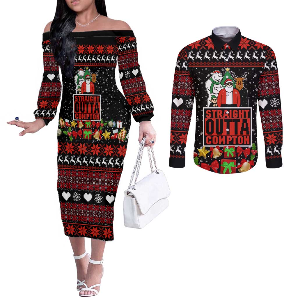 Christmas Straight Outta Gangsta Claus Couples Matching Off The Shoulder Long Sleeve Dress and Long Sleeve Button Shirt Xmas Holiday Patterns - Wonder Print Shop