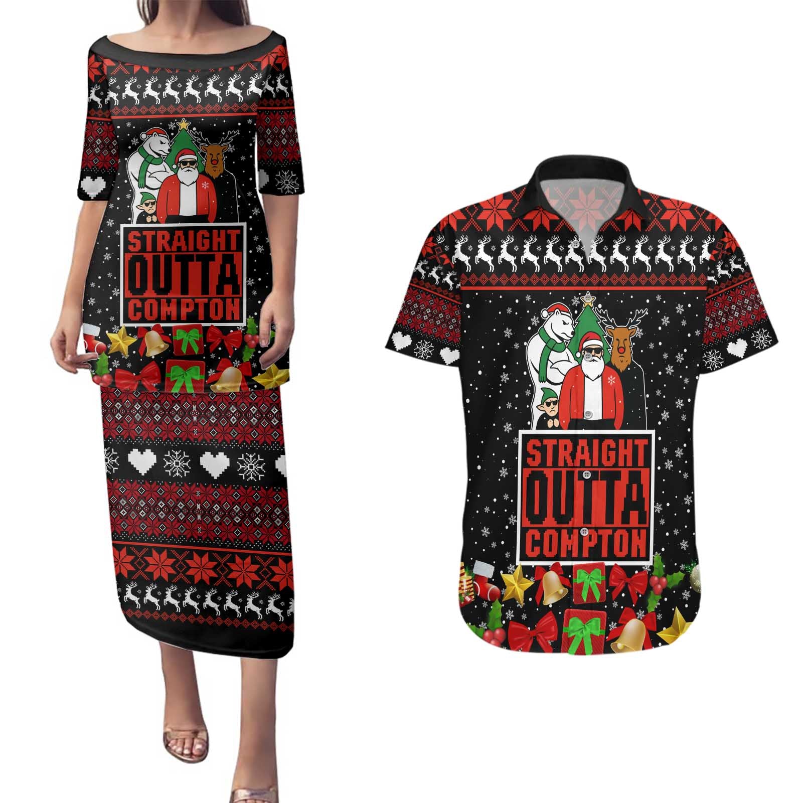 Christmas Straight Outta Gangsta Claus Couples Matching Puletasi and Hawaiian Shirt Xmas Holiday Patterns - Wonder Print Shop