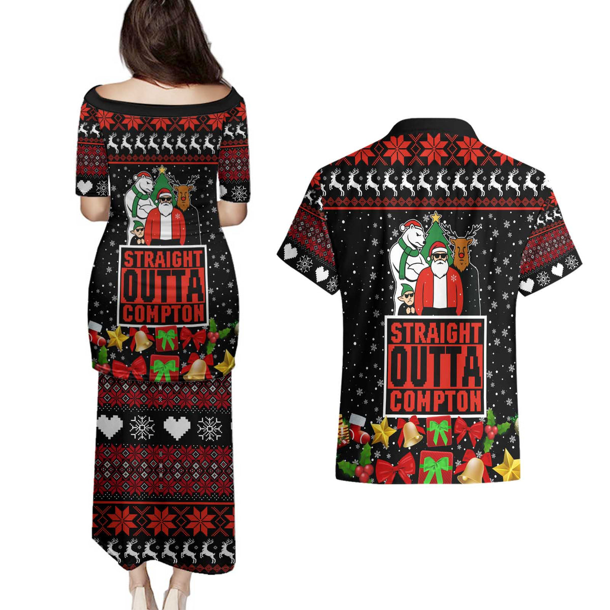 Christmas Straight Outta Gangsta Claus Couples Matching Puletasi and Hawaiian Shirt Xmas Holiday Patterns - Wonder Print Shop