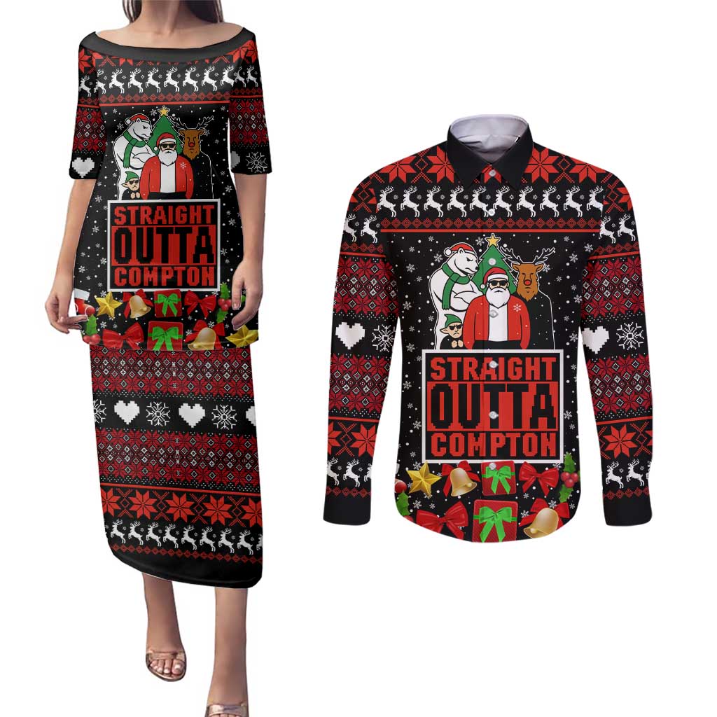 Christmas Straight Outta Gangsta Claus Couples Matching Puletasi and Long Sleeve Button Shirt Xmas Holiday Patterns - Wonder Print Shop