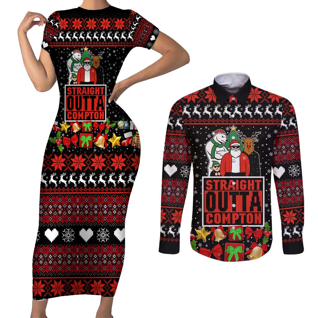 Christmas Straight Outta Gangsta Claus Couples Matching Short Sleeve Bodycon Dress and Long Sleeve Button Shirt Xmas Holiday Patterns - Wonder Print Shop
