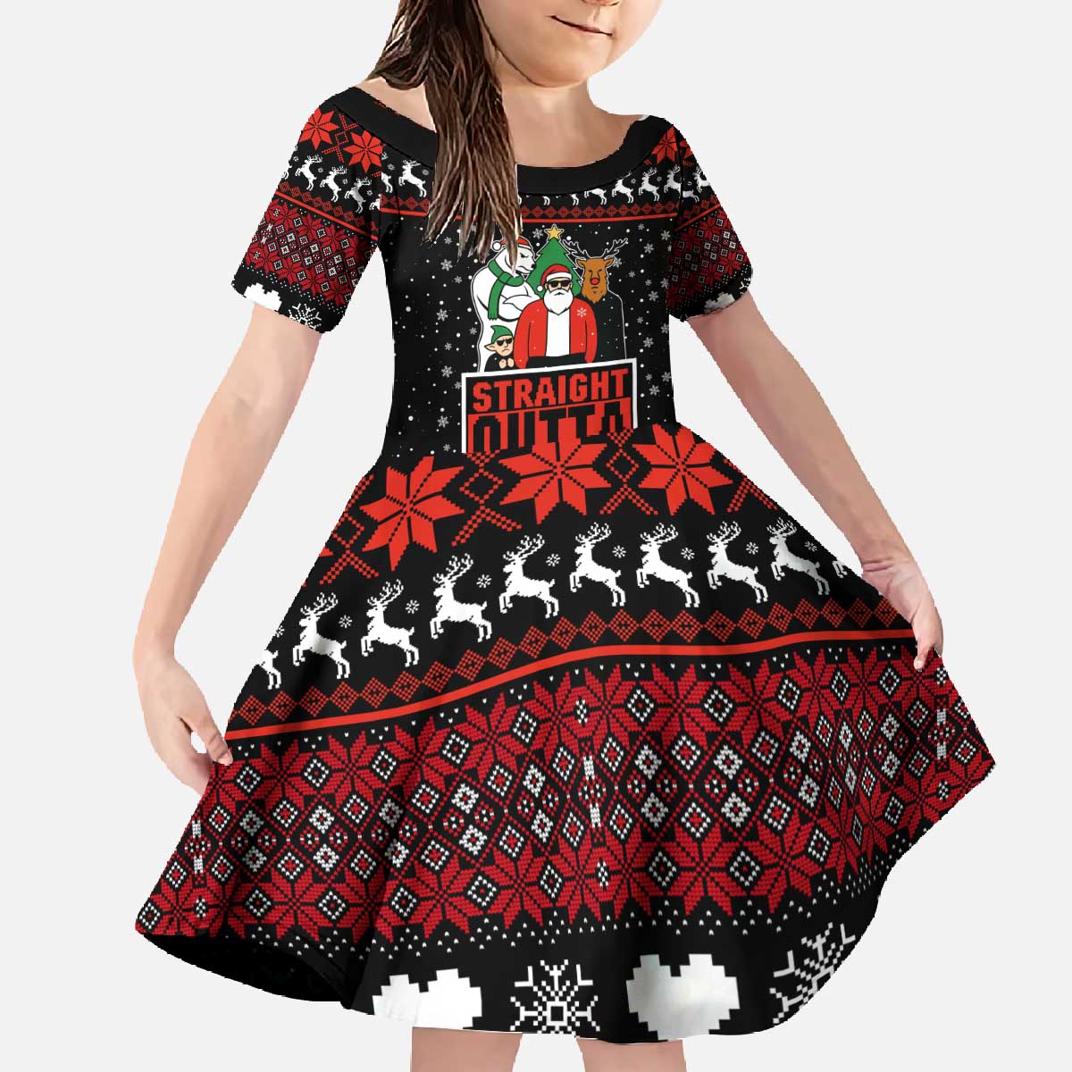 Christmas Straight Outta Gangsta Claus Family Matching Off The Shoulder Long Sleeve Dress and Hawaiian Shirt Xmas Holiday Patterns - Wonder Print Shop