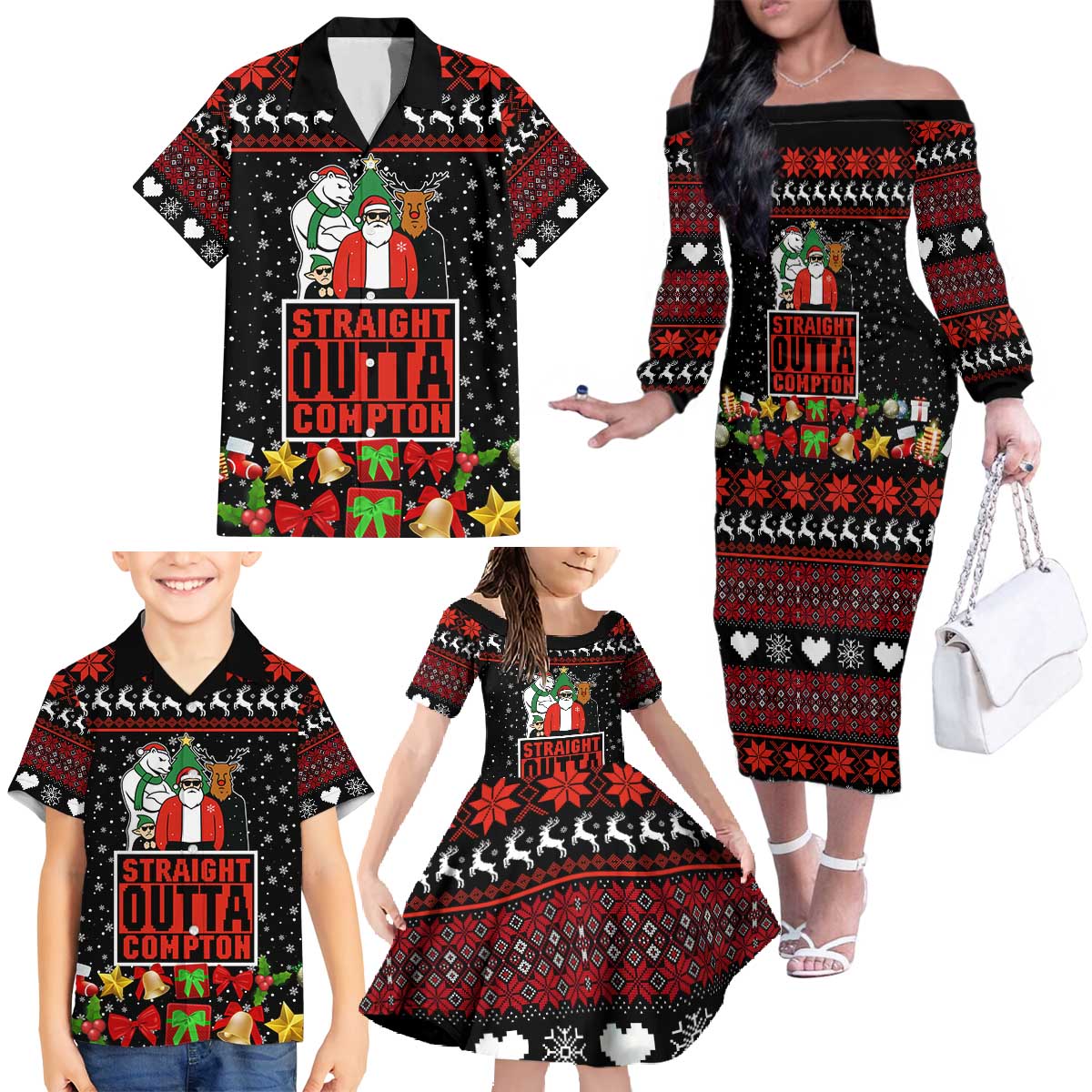 Christmas Straight Outta Gangsta Claus Family Matching Off The Shoulder Long Sleeve Dress and Hawaiian Shirt Xmas Holiday Patterns - Wonder Print Shop