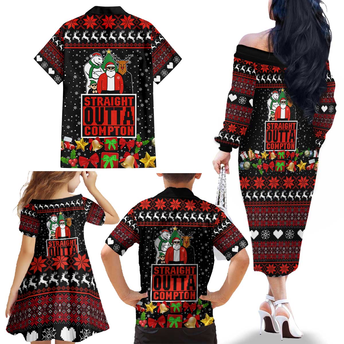 Christmas Straight Outta Gangsta Claus Family Matching Off The Shoulder Long Sleeve Dress and Hawaiian Shirt Xmas Holiday Patterns - Wonder Print Shop