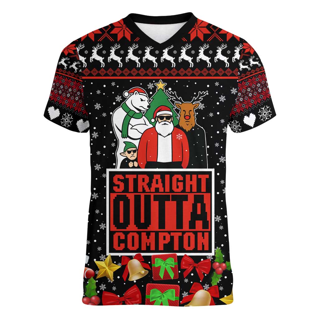 Christmas Straight Outta Gangsta Claus Women V-Neck T-Shirt Xmas Holiday Patterns - Wonder Print Shop