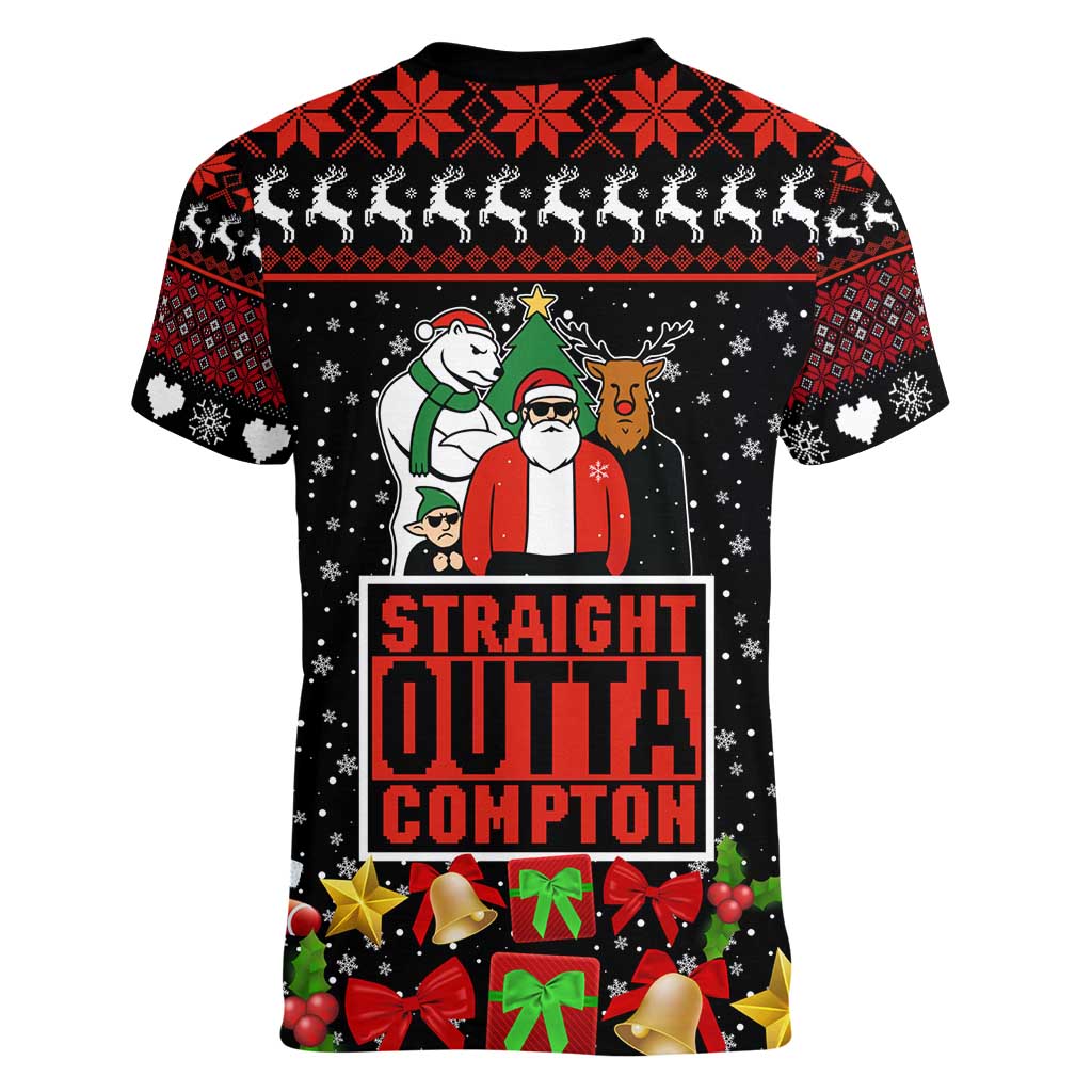 Christmas Straight Outta Gangsta Claus Women V-Neck T-Shirt Xmas Holiday Patterns - Wonder Print Shop