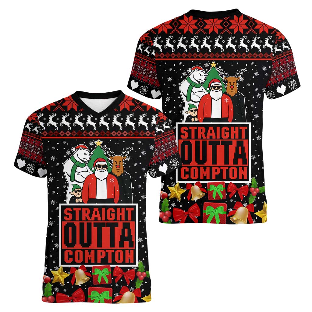 Christmas Straight Outta Gangsta Claus Women V-Neck T-Shirt Xmas Holiday Patterns - Wonder Print Shop