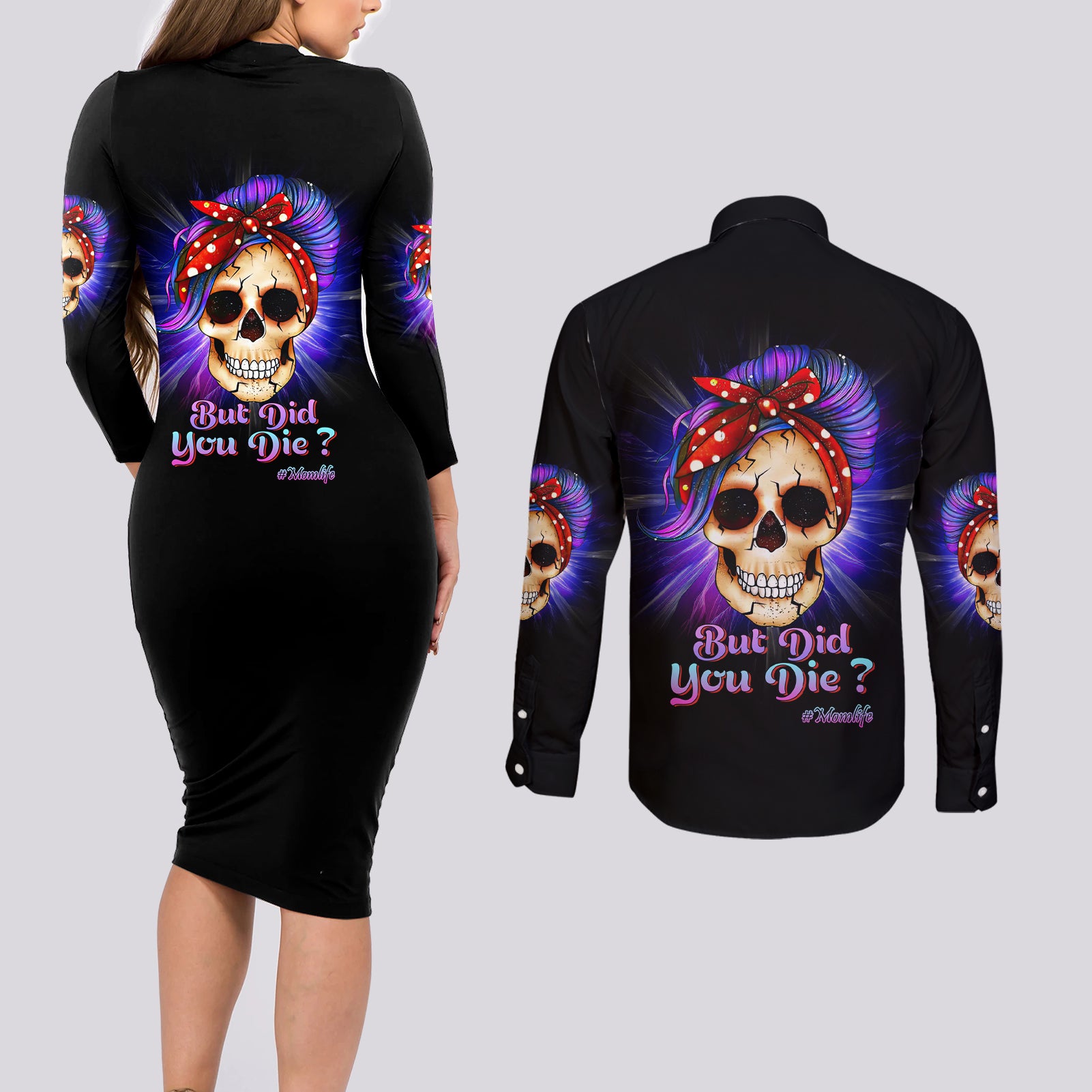 But Did You Die Mom Life Purple Messy Bun Couples Matching Long Sleeve Bodycon Dress and Long Sleeve Button Shirt - Wonder Print Shop