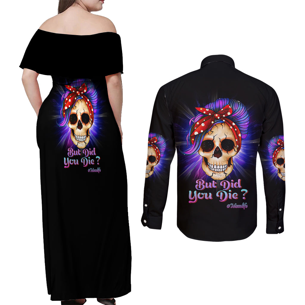 But Did You Die Mom Life Purple Messy Bun Couples Matching Off Shoulder Maxi Dress and Long Sleeve Button Shirt - Wonder Print Shop