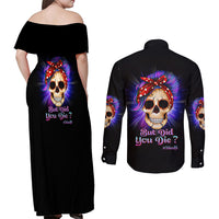 But Did You Die Mom Life Purple Messy Bun Couples Matching Off Shoulder Maxi Dress and Long Sleeve Button Shirt - Wonder Print Shop