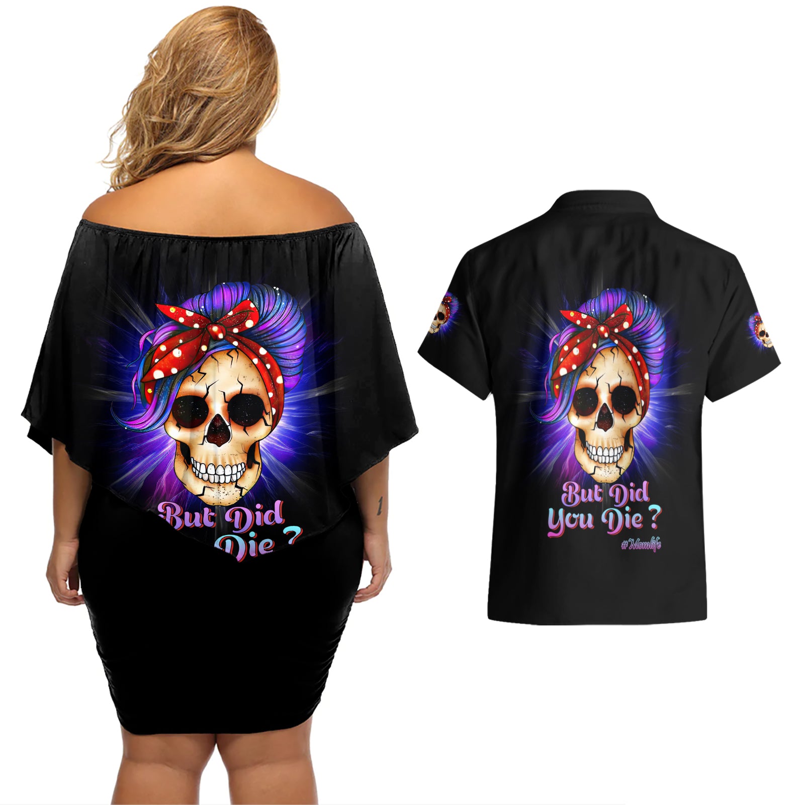 But Did You Die Mom Life Purple Messy Bun Couples Matching Off Shoulder Short Dress and Hawaiian Shirt - Wonder Print Shop