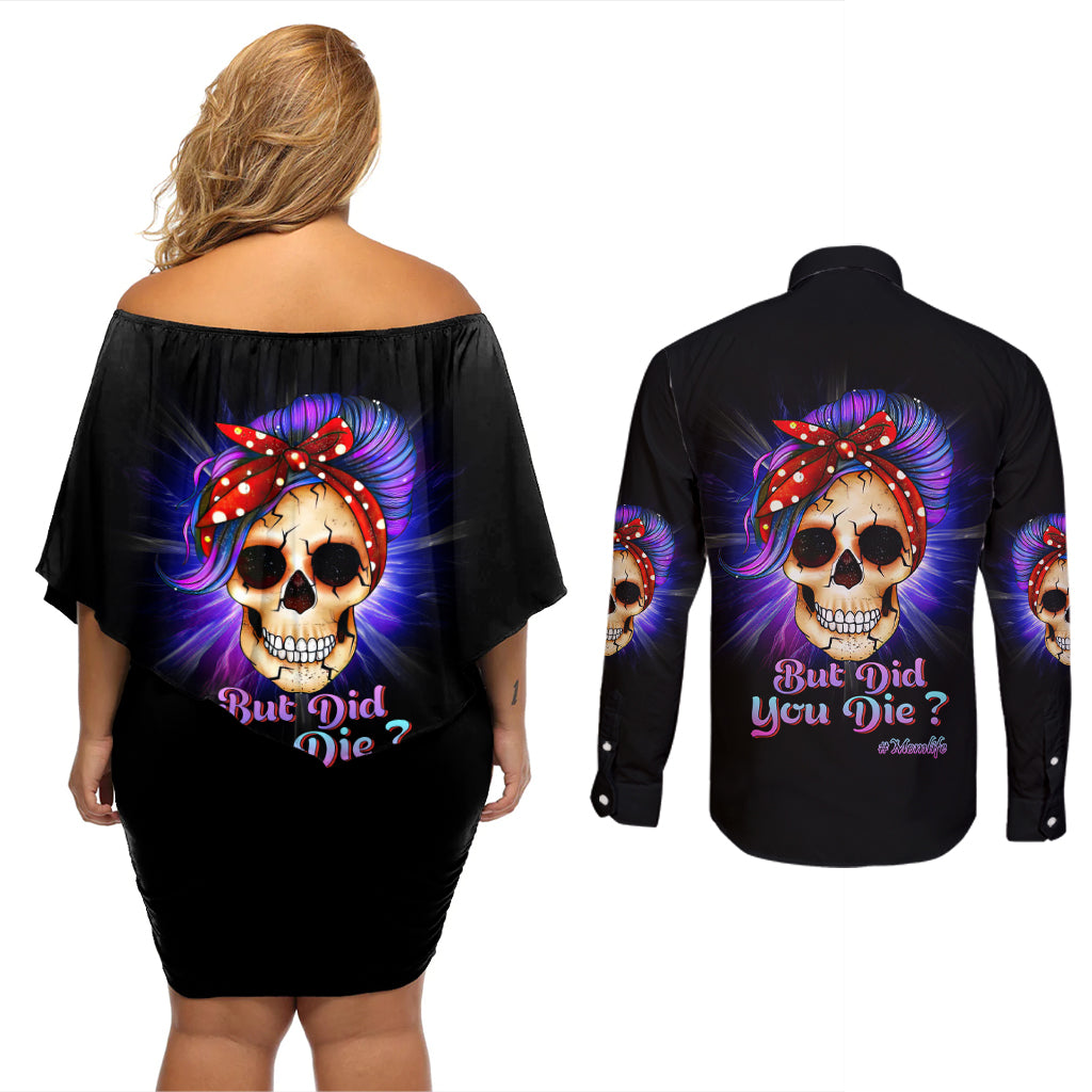 But Did You Die Mom Life Purple Messy Bun Couples Matching Off Shoulder Short Dress and Long Sleeve Button Shirt - Wonder Print Shop