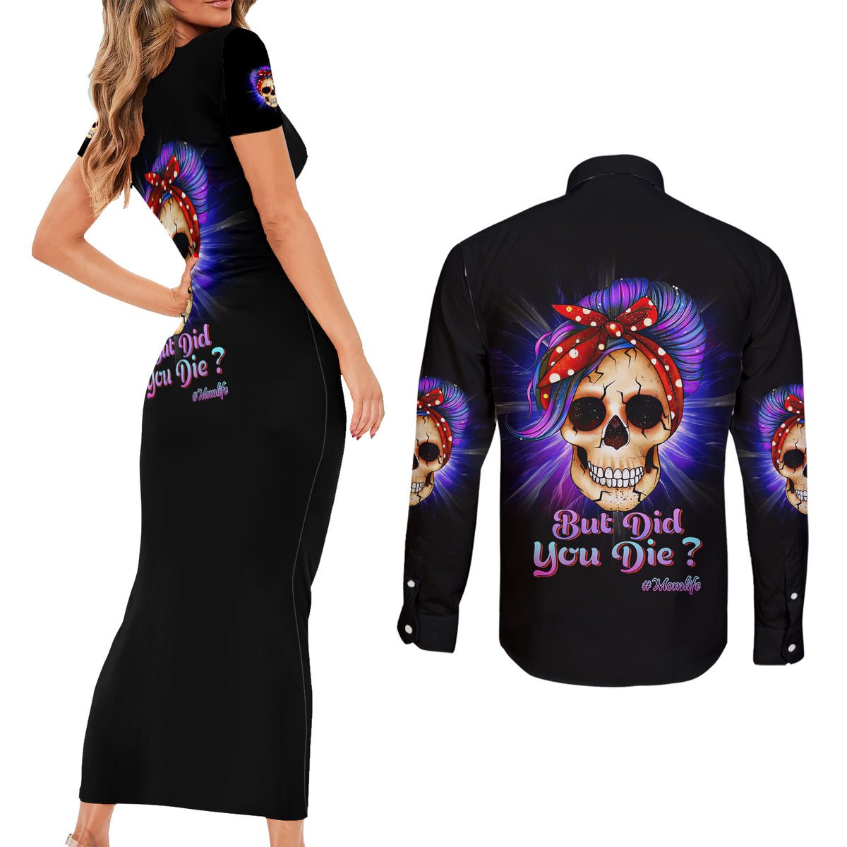 But Did You Die Mom Life Purple Messy Bun Couples Matching Short Sleeve Bodycon Dress and Long Sleeve Button Shirt - Wonder Print Shop