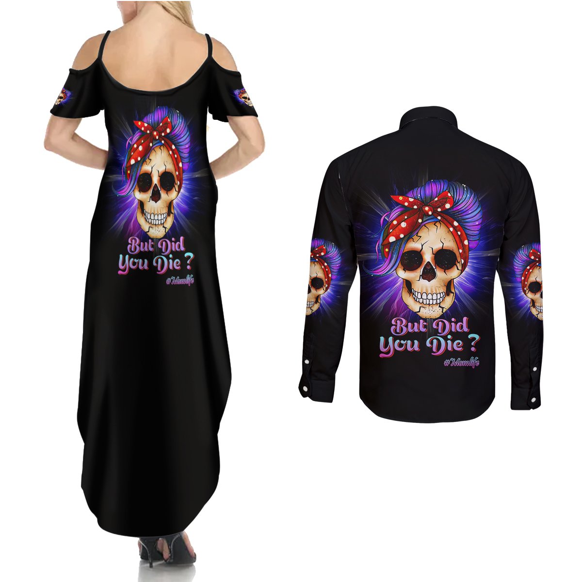 But Did You Die Mom Life Purple Messy Bun Couples Matching Summer Maxi Dress and Long Sleeve Button Shirt - Wonder Print Shop