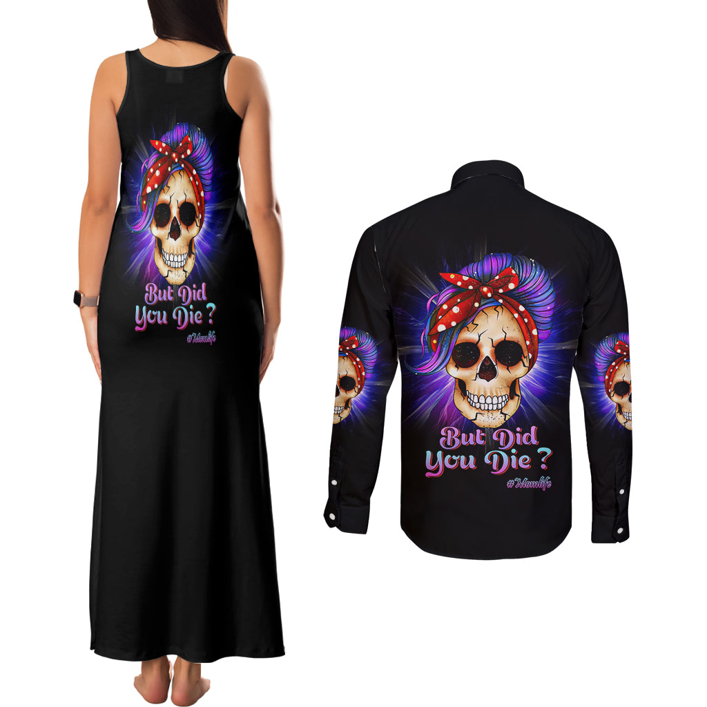 But Did You Die Mom Life Purple Messy Bun Couples Matching Tank Maxi Dress and Long Sleeve Button Shirt - Wonder Print Shop