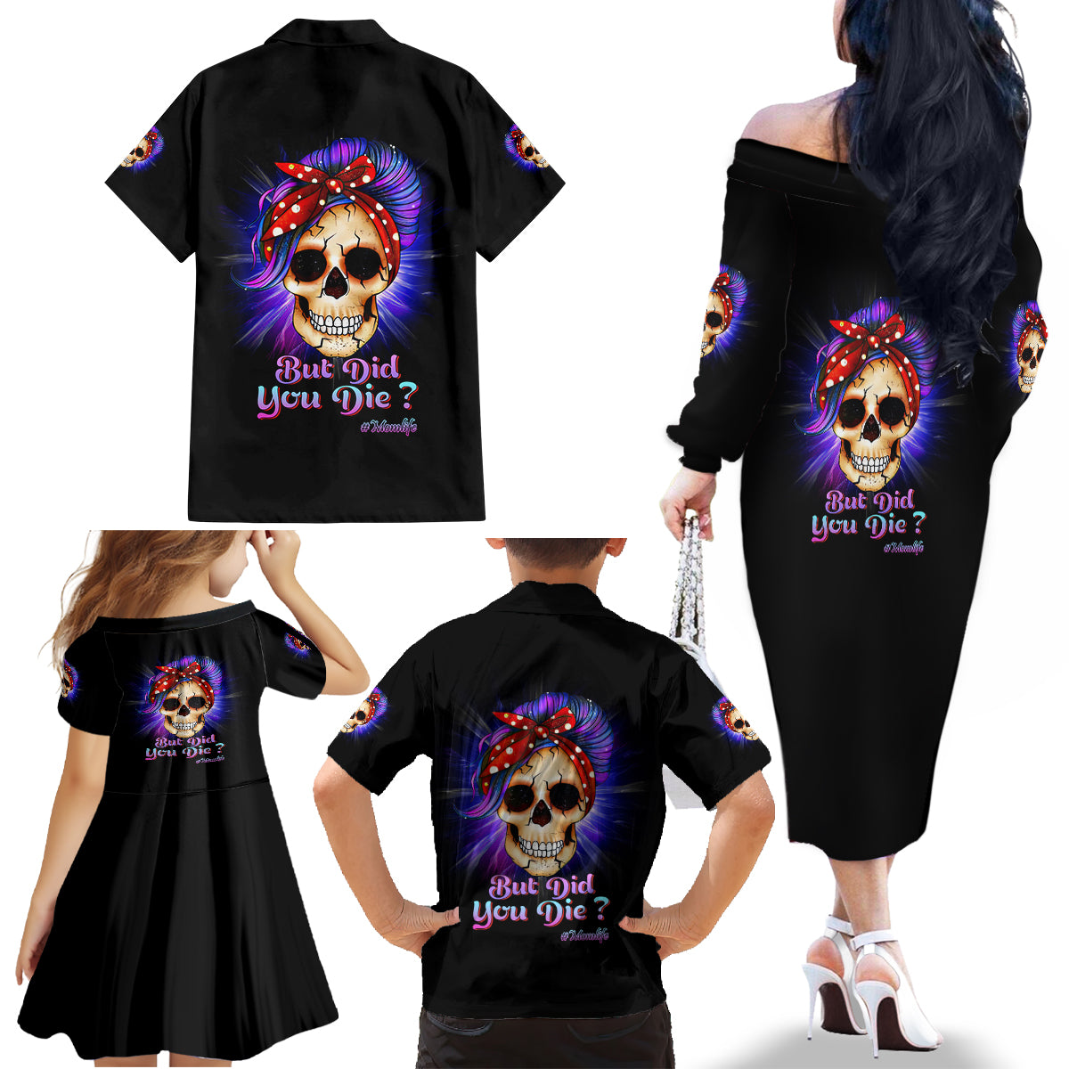 But Did You Die Mom Life Purple Messy Bun Family Matching Off Shoulder Long Sleeve Dress and Hawaiian Shirt - Wonder Print Shop